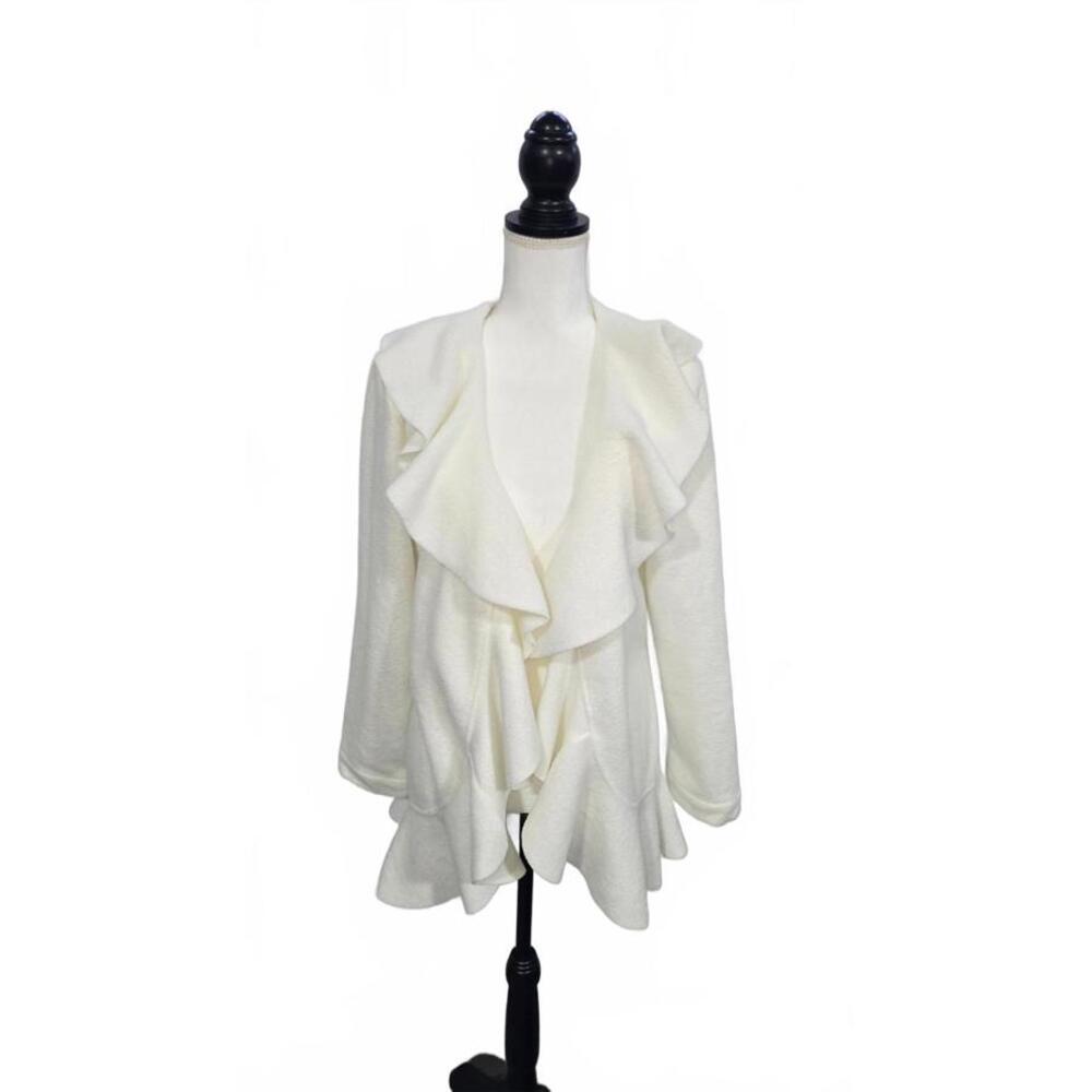 Cozy White Ruffle Front Open Cardigan